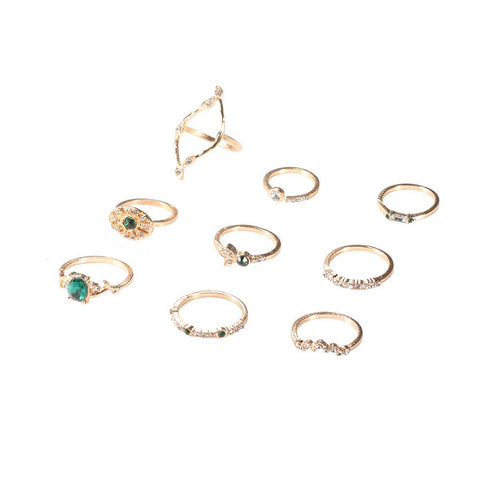 9 Pcs Bohemian Stackable Joint Knuckle Ring Set Vintage Emerald Crystal Finger Ring Gold Midi Ring Pack for Women and Girls...