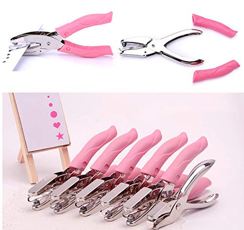 1 Pack 6.3 Inch Length 1/16 Inch Diameter of Circle Hole Handheld Single Paper Hole Punch, Puncher with Pink Soft Thick Leather Cover (Heart and S...