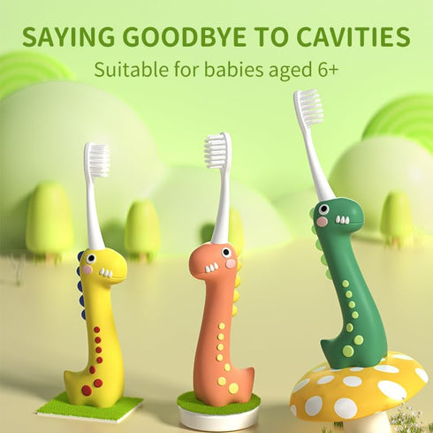 Dinosaur Kids Toothbrush, 0.12mm Soft Filament Toddler Toothbrush for Kids 6-12 Make Brushing Fun and Protect Kids Delicate Teeth (Yellow+Green+Or...