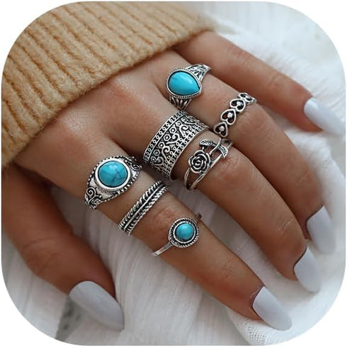 Bohemian Turquoise Ring for Women Western Rings Jewelry Stackable Knuckle Ring Set Vintage Rose Leaf Ring Set for Women Gifts...