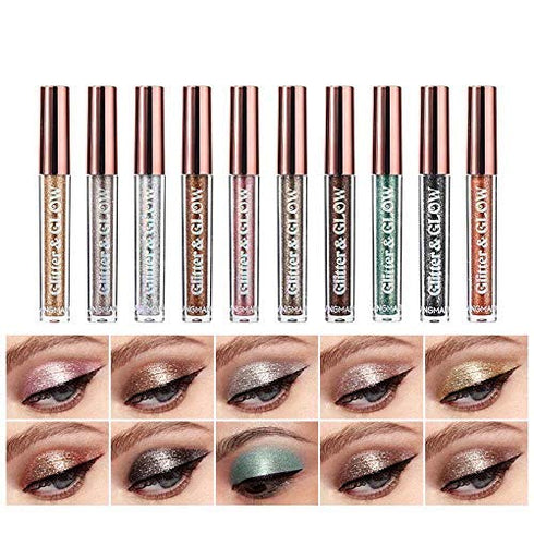 LANGMANNI 10 Pcs Liquid Glitter Eyeshadow Metallic Shimmer Glitter Eyeshadow Sweatproof Makeup Set,Glitter Pressed All Highly Pigmented Blending P...