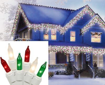 Set of 100 Red, Green and Clear Frosted Icicle Lights - White Wire...