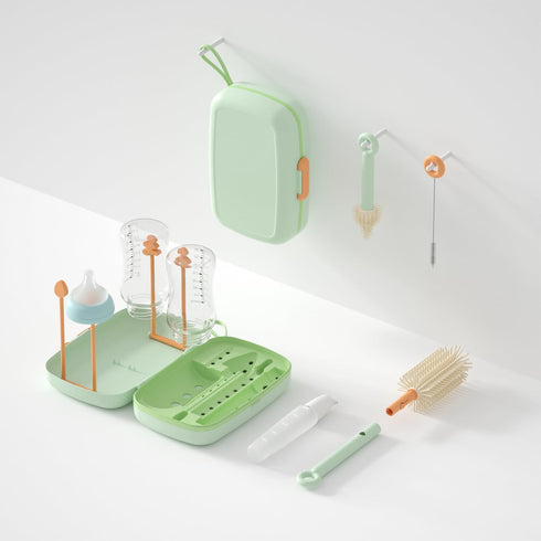 Travel Baby Bottle Cleaning Kit, 7in1 Extendable Silicone Travel Bottle Brush Set & Drying Rack, Nipple, Straw, & Breast Pump Portable cleaning, w...