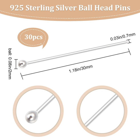 Beebeecraft 1 Box 30Pcs Ball Head Pins Sterling Silver 30mm Jewelry Pins Bendable Headpin for Bracelet Necklace Jewelry Making DIY Craft, Head: 2m...