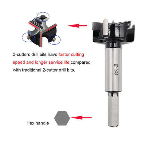 Forstner Drill Bits 38mm (1-1/2 inch) Tungsten Carbide Upgraded Version 3-Cutter Higher Hardness Wood Hole Saw Auger Opener Woodworking Drilling T...