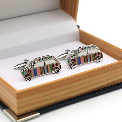 Men's Fashion Cufflinks Muti-color Stripes Mini Car Design Quality Brass Material Cuff Links with Gift Box...