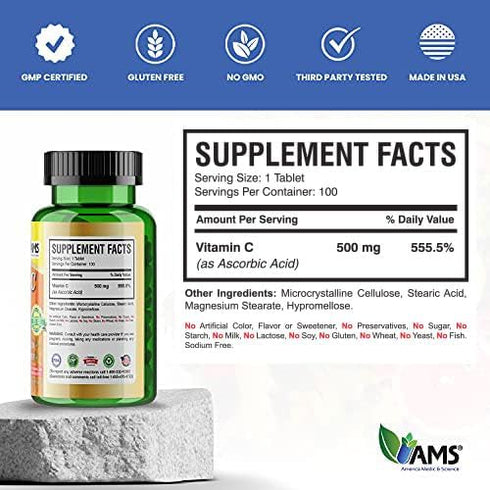 America Medic & Science Rapid-C 500mg Vitamin C Supplement (2 Pack of 100 Tablets) Energy Booster, Daily Immune System Support, Antioxidant | Vega...
