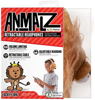 ReTrak Retractable Animalz Tangle-Free, Volume Limiting (85 dB) Over Ear Headphones for Kids, Gold Lion (ETAUDFLION), standard, Lucky Lions...