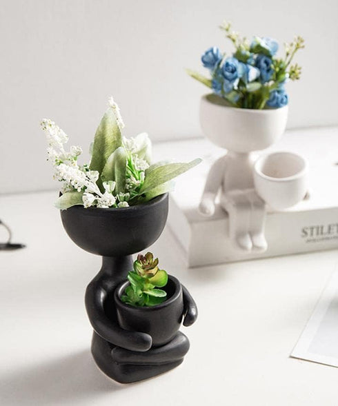 3.94” Creative Cute Imitation Humanoid Ceramic Flower Pot Succulent Planter Crafts Vase Home Decoration Personalized Gift (Black A)...
