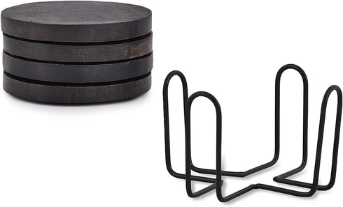 Acacia Wood Black Coaster Set of 4 with Iron Holder Coffee Table Décor Tabletop Protection Décor (Coaster Size - 4" x 4" x 0.5", Holder Sze - 4.5"...