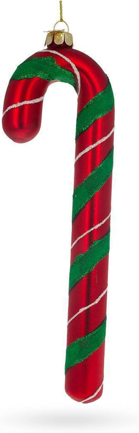 Festive Striped Candy Cane Blown Glass Christmas Ornament...