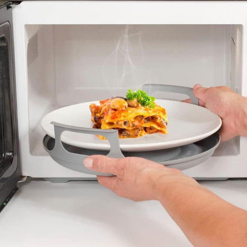 Microwave cool plate and spillover caddy with handles. For bowls, plates and microwave meals. BPA free...