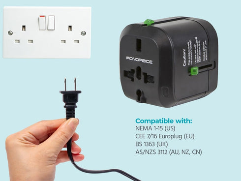 Monoprice Compact Cube Universal Travel Adapter, Supports International Power Outlets, Black...