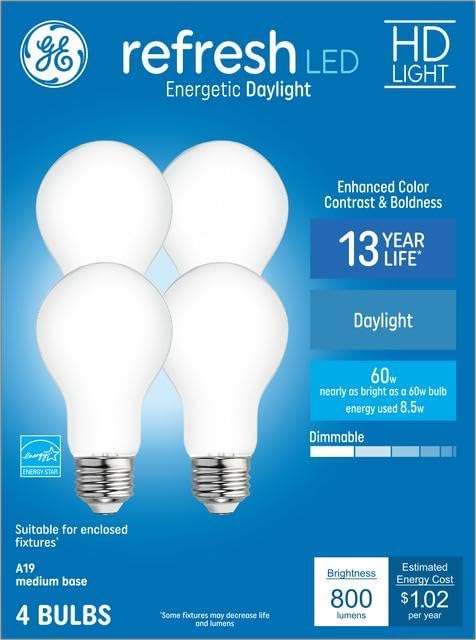 HD Daylight 60W Replacement LED Indoor General Purpose A19 Light Bulbs (4-Pack)...