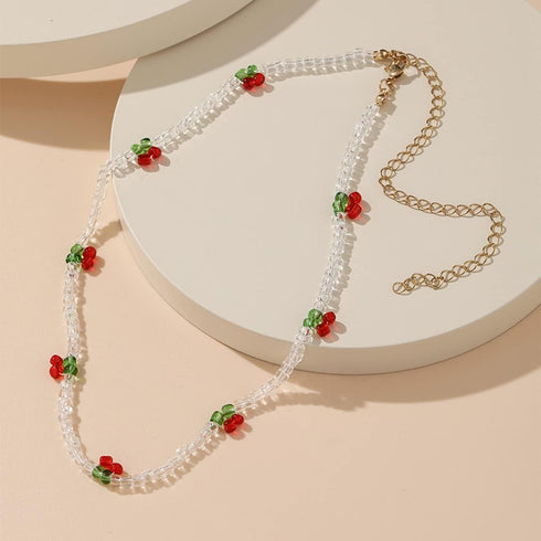 Beaded Cherry Choker Necklace for Women Boho Transparent Beads Cute Shiny Choker...