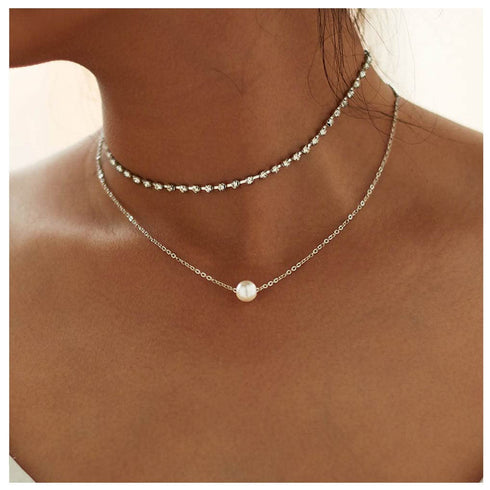 Bohemia Layered Pearl Choker Necklace Silver Cz Tennis Chain Necklace Floating Pearl Necklace Sparkly Rhinestone Clavicle Necklace Jewelry for Wom...