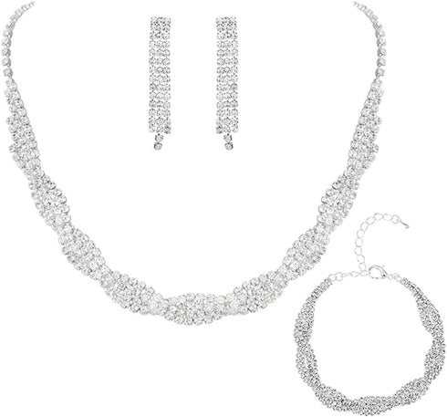 Unicra Wedding Jewelry Sets Silver Rhinestone Necklace Earrings Bracelet Sets Prom Jewelry Accessories for Women and Brides...