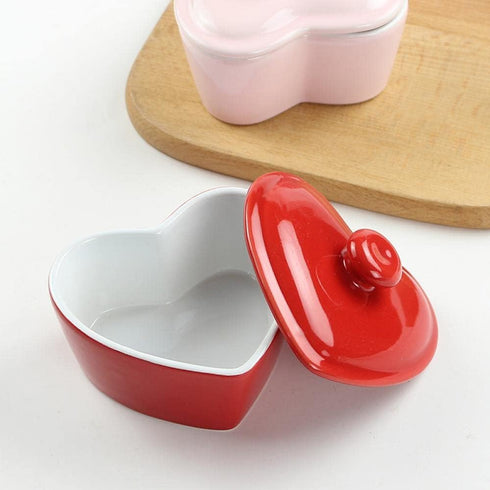 Heart-Shaped Dessert Bowl with Lid Ceramic Baking Bowl Rice Bowl-5 OZ-Red...