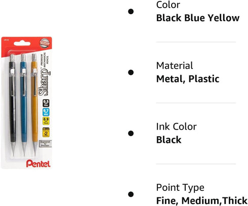 Pentel Sharp Mechanical Pencil 3 pack Assorted Barrels (1 each 0.5mm, 0.7mm, 0.9mm)...