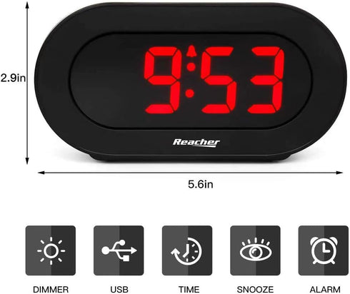 REACHER Small LED Digital Alarm Clock with Simple Operation, Full Range Brightness Dimmer, USB Phone Charger Port, Easy Snooze, Adjustable Alarm V...