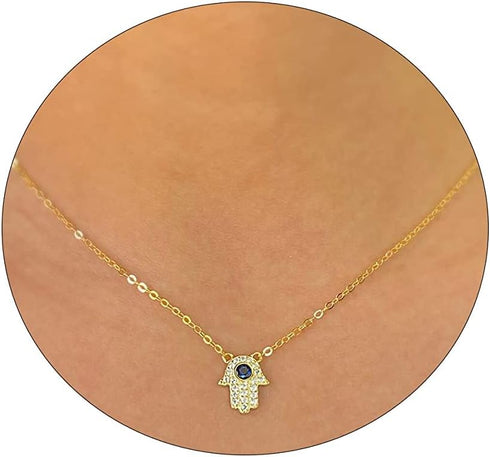 Kyerlyn Hamsa Hand Pendant Necklace 14K Gold Plated Cubic Zirconia CZ Hamsa Hand Necklace Dainty Evil Eye Necklace for Women Handmade Necklace Gif...