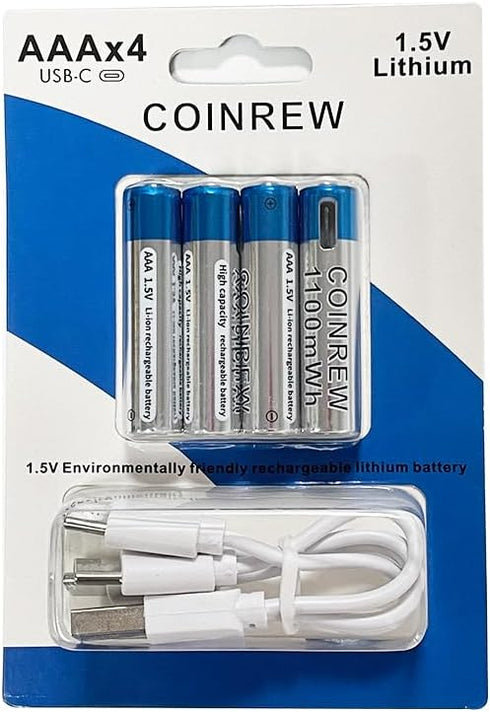 AAA Lithium-Ion Rechargeable Batteries - 616mAh, 1100mWh, USB-C, 4-Pack with Multi-Port Charging Cable - Durable & Eco-Friendly for Everyday Devic...