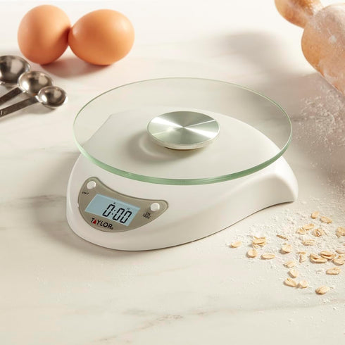 Taylor Digital Kitchen Scale with Glass Platform, Tare Button, and Plastic Body Weighs up to 11 Pounds Capacity, White...