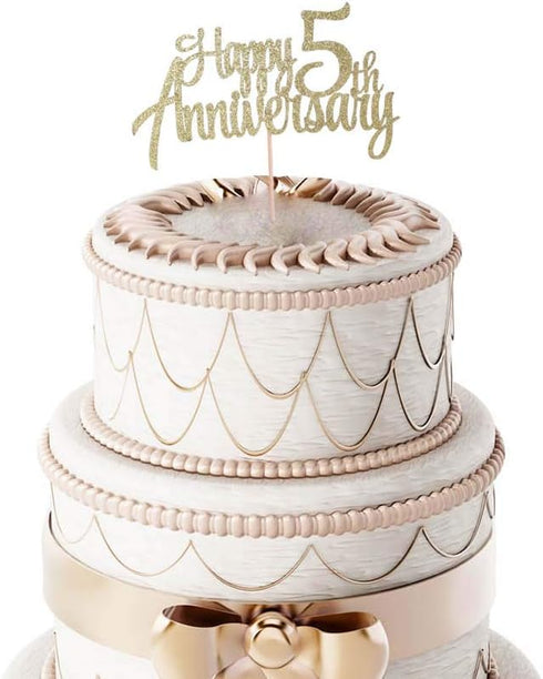 5th Anniversary Party Decoration Gold Glitter 5th happy Anniversary Cake Topper...