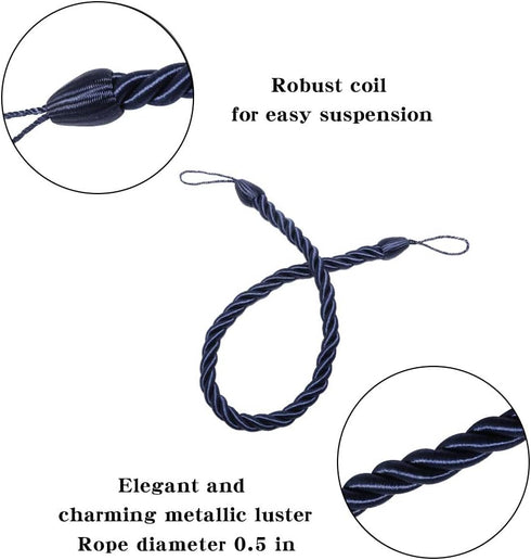 BEL AVENIR Curtain Rope Tiebacks, Drapery Rope Holdbacks with 4 Metal Screw Hooks (Navy, 4pack)...