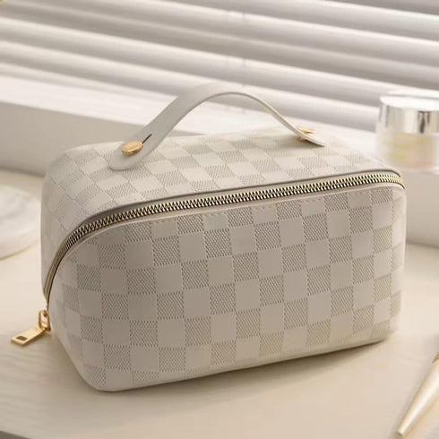 Large Capacity Travel Cosmetic Bag, Makeup Organizer Bag for Women, Portable Checkered Makeup Bags | PU Leather waterproof Skincare Bag with handl...