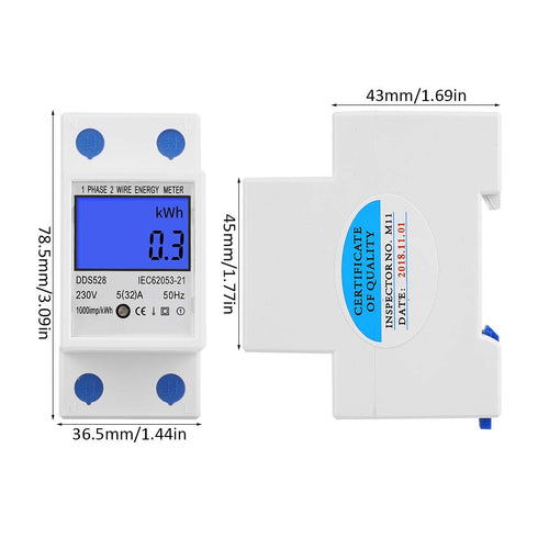 Single Phase Energy Meter 230VAC LCD KWH Electric Meter 5-32A 50Hz Single Phase DIN Rail KWH Meter Electricity Usage Meter Electricity Usage Monit...