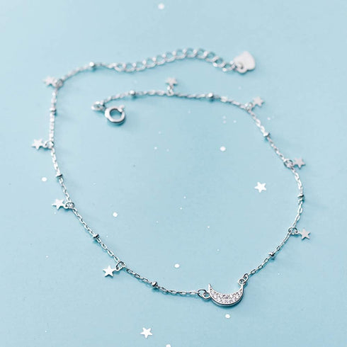 Dainty Star Crescent Moon Anklet Sterling Silver 925 Dangling Charm CZ Crystal Adjustable Foot Ankle Bracelet Sandbeach Party Foot Chain Summer Je...