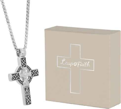 Cross Pendant for Car Rear View Mirror Decor Prayer Hanging Ornament Stainless Steel Celtic Knot Cross Necklace Men Boys Christian Gift (Silver)...