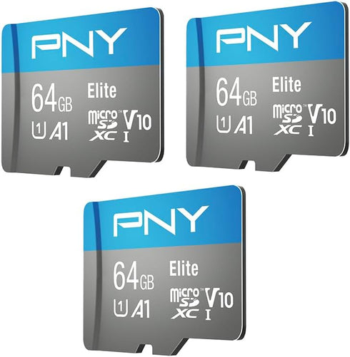 PNY 64GB Elite Mobile Accessories Class 10 U1 V10, A1 microSDXC Flash Memory Card for Mobile Devices - 100MB/s, Full HD, UHS-I, micro SD 3-Pack...