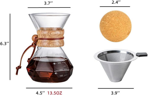 Pour Over Coffee Maker With Wood Sleeve?13.5oz/400mlPour Over Coffee Dripper,Pour Over Coffee Maker Set With Cork Stopper (13.5oz/400ml)...