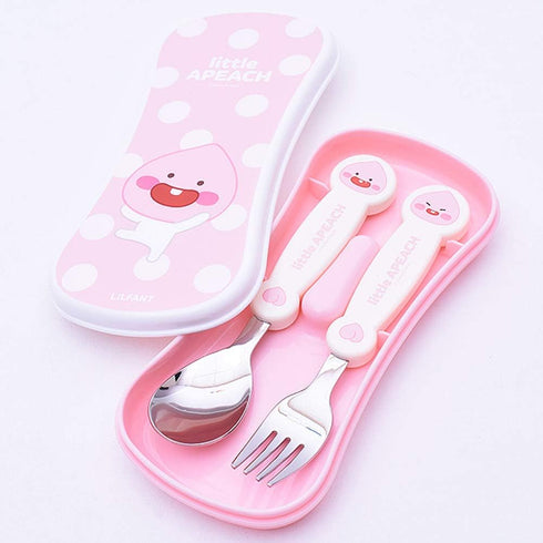 Kakao Friends - Easy Washing Clean 304 Stainless Steel Spoon & Fork (1.1 inch x 5.6 inch) with Wide Case Tableware Set for Kids, Pink (Little Apea...