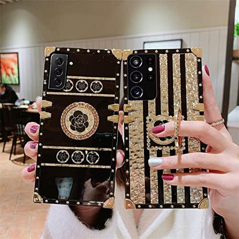 for Samsung Galaxy A53 5G Case Fashion Box Women Design Gold Bling Glitter Rose Flower Soft Trunk Cover with Ring Kickstand Phone Skin,Gold...