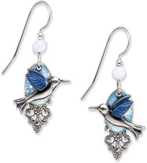 Silver Forest Earrings - silver hummingbird w/blue wings on cloud...