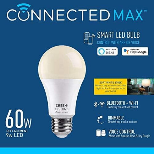 Cree Lighting Connected Max Smart Led Bulb A19 60W Tunable White + Color Changing, 2.4 Ghz, Compatible with Alexa and Google Home, No Hub Required...