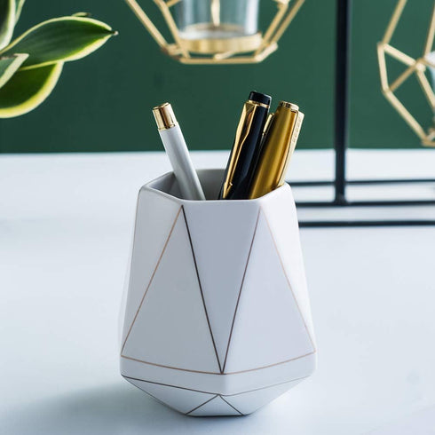 Ceramic Desk Cute Pen Holder Stand Gold Line Pencil Cup Pot Desk Organizer Makeup Brush Holder (White)...