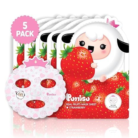 Real Fruit Facial Mask Sheet for Kids, Children - Made with 100% Cotton, Moisturize, Sooths and Hydrates Skin (Strawberry- Pack of 5)...