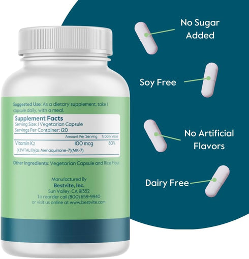BESTVITE Vitamin K2 100 mcg as MK-7 w/Patented K2VITAL (120 Vegetarian Capsules) - No Stearates - Vegan - Non GMO - Gluten Free...