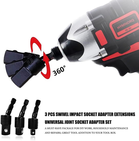 Swivel Socket Set Wobble Impact Adapter Extension Set, 3 PCS Impact Driver Socket Drill Adapter Set 1/2” 3/8” 1/4” Rotatable 1/4-Inch Hex Bit Univ...