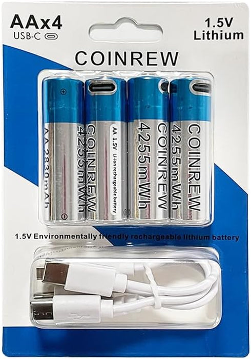 High-Capacity AA Lithium-Ion Rechargeable Batteries - 2830mAh, 4255mWh, USB-C, 4-Pack with 4-in-1 Charging Cable - Long-Lasting Power for High-Dra...