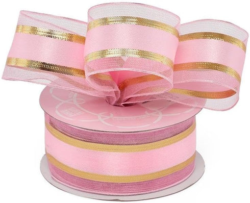 1 1/2" X 25 Yards Pink/Gold Emperor Met Stn Mid Ribbon...