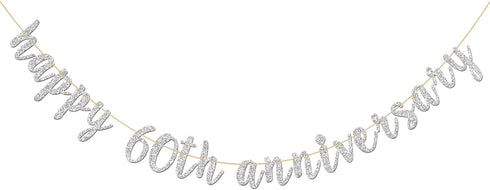 Glitter Silver Happy 60th Anniversary Banner - Sixty Sign - Birthday and Wedding Party Bunting Decoration...