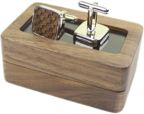 Rustic Black Walnut Wooden Round Cufflinks Tie Clips With Organizer Box for Men...