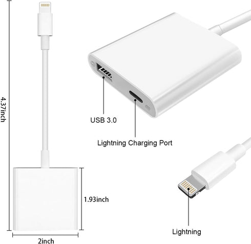Lightning to USB3 Camera Adapter with Charging Port, Lightning Female USB OTG Cable Adapter for Select iPhone,iPad Models Support Connect Camera, ...