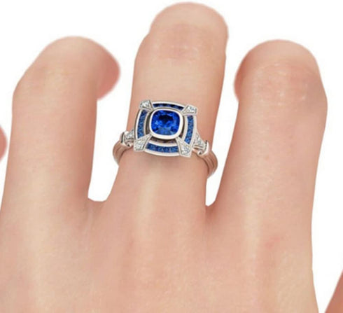 HUKQBUNX 925 Sterling Silver Aquamarine Topaz Mossan Stone Women's Fashion Zircon Sapphire Hollow Out Classic Ring Wedding Engagement Ring Size 6-...