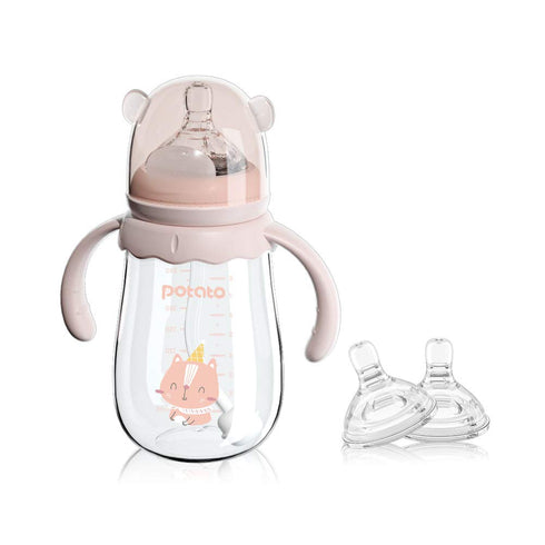 POTATO Glass Baby Bottles, Anti-Colic Breastfeeding Bottles with Fast Flow Nipple, Suitable for Babies 6-12 Months, 2 Replaceable Nipples, 8 oz, P...